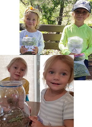 Matilda and Evelyn hold their casita materials (left) and later marvel at Greenie's emergence (right)
